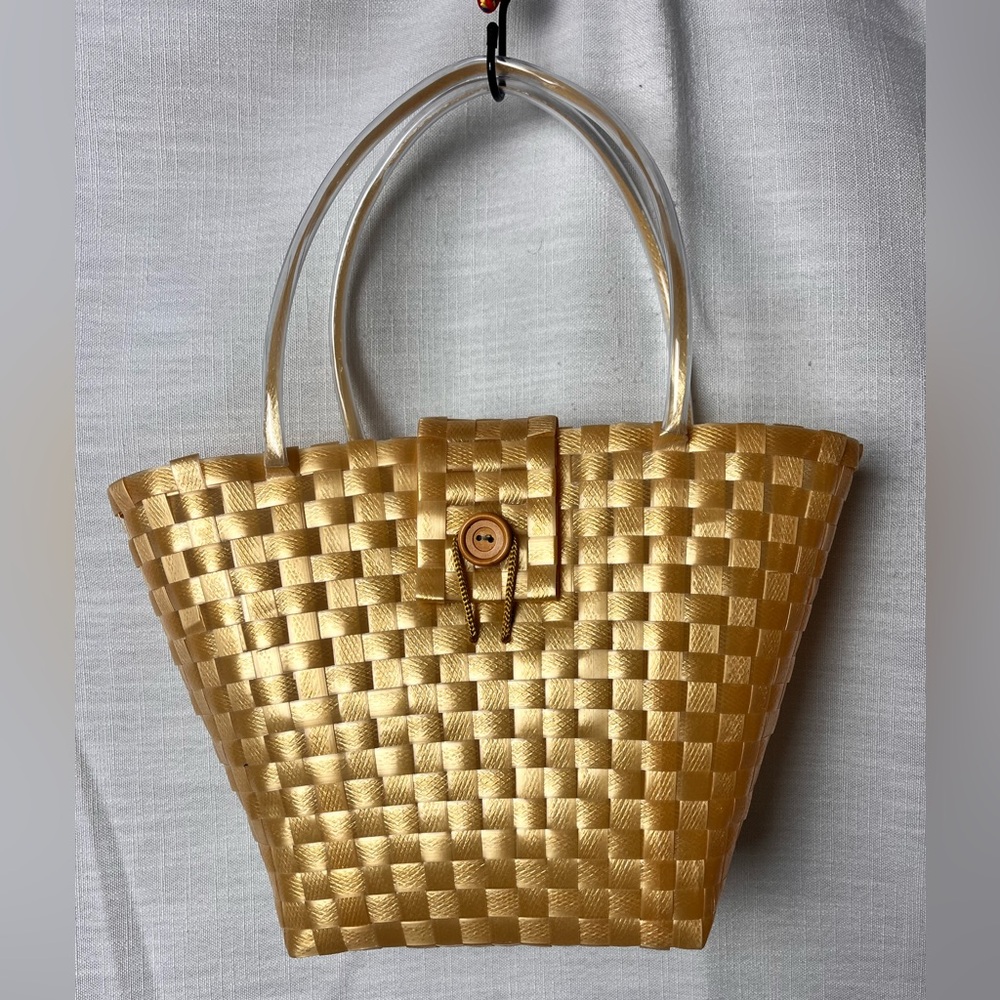 Handmade Gold Woven Tote Bag Basket with Clear Handles